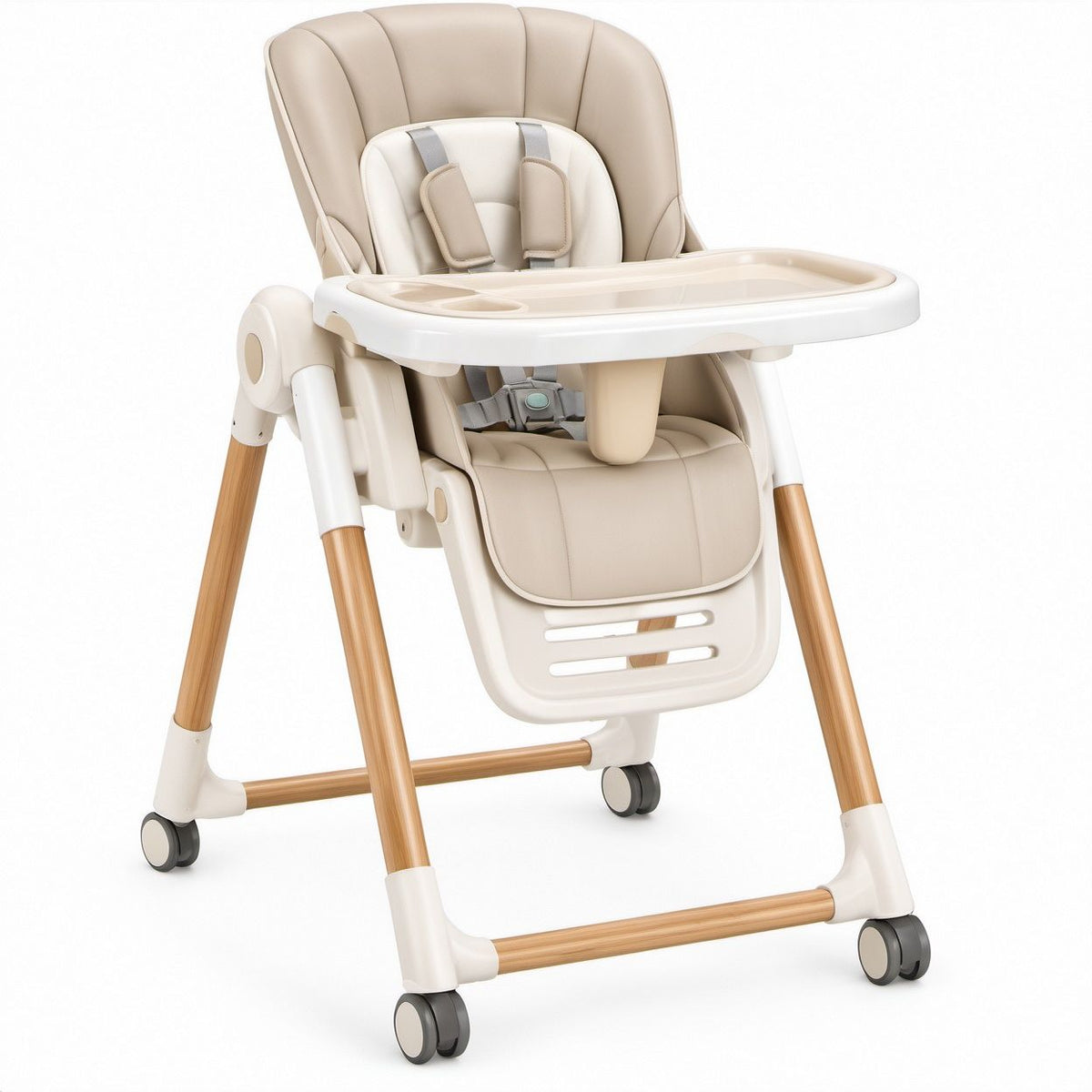 Höhenverstellbarer Kinderhochstuhl mit Rollen und abnehmbarem Tablett, Beige/Weiss/Naturholz, 70 x 58 x 104 cm