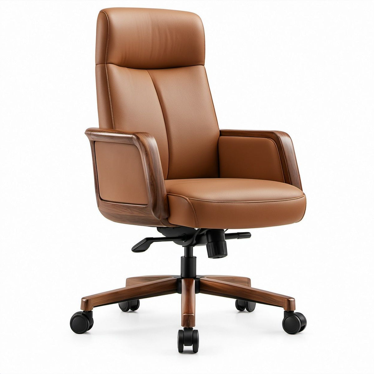 Ergonomischer Bürostuhl aus braunem PU-Kunstleder mit Nussbaumdekor, 68 x 68 x 118–128 cm