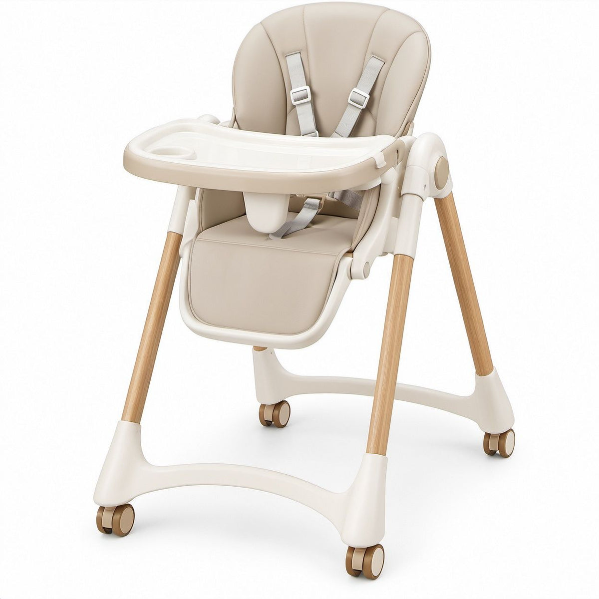 Kinderhochstuhl mit Rollen und abnehmbarem Tablett, Beige/Cremeweiss/Naturholz, 59 x 77 x 104 cm