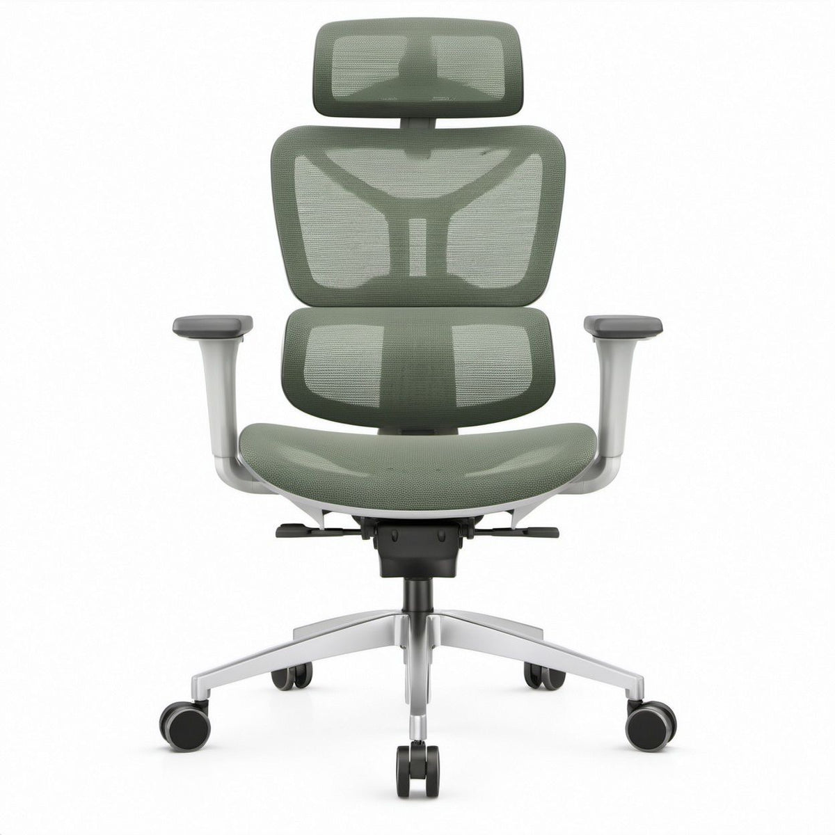 Ergonomischer Bürostuhl mit Kopfstütze, Netzbezug und Aluminium-Fusskreuz, Grün/Schwarz/Silber, 68 x 68 x 120–130 cm