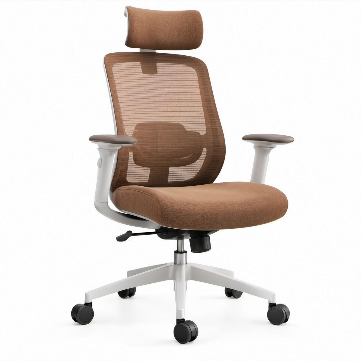 Ergonomischer Bürostuhl mit Kopfstütze, Braun/Weiss/Schwarz, 68 x 68 x 118–128 cm
