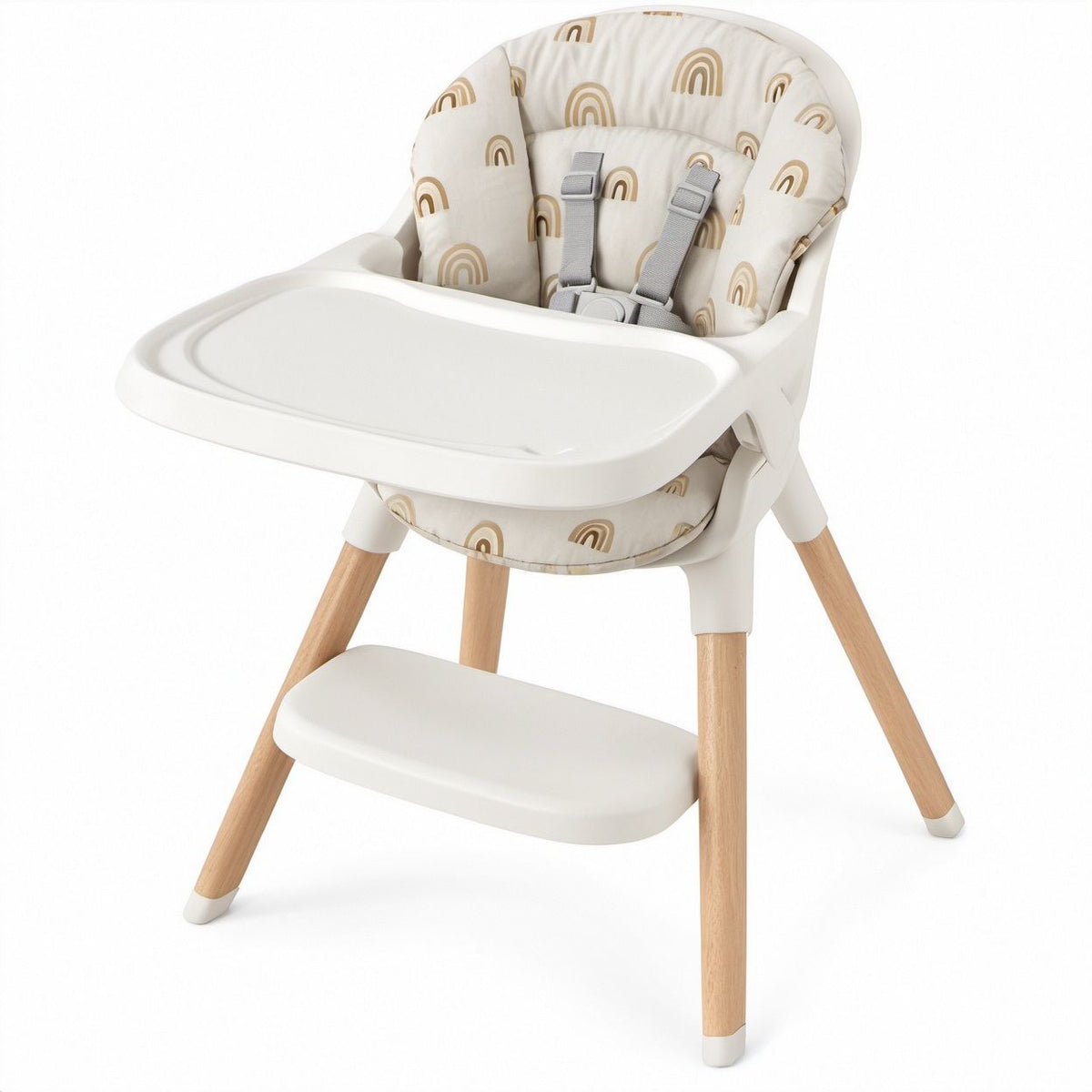 Kinderhochstuhl mit Tablett aus Polypropylen und massivem Buchenholz, Weiss/Natur/Beige/Grau, 56 x 60 x 93 cm