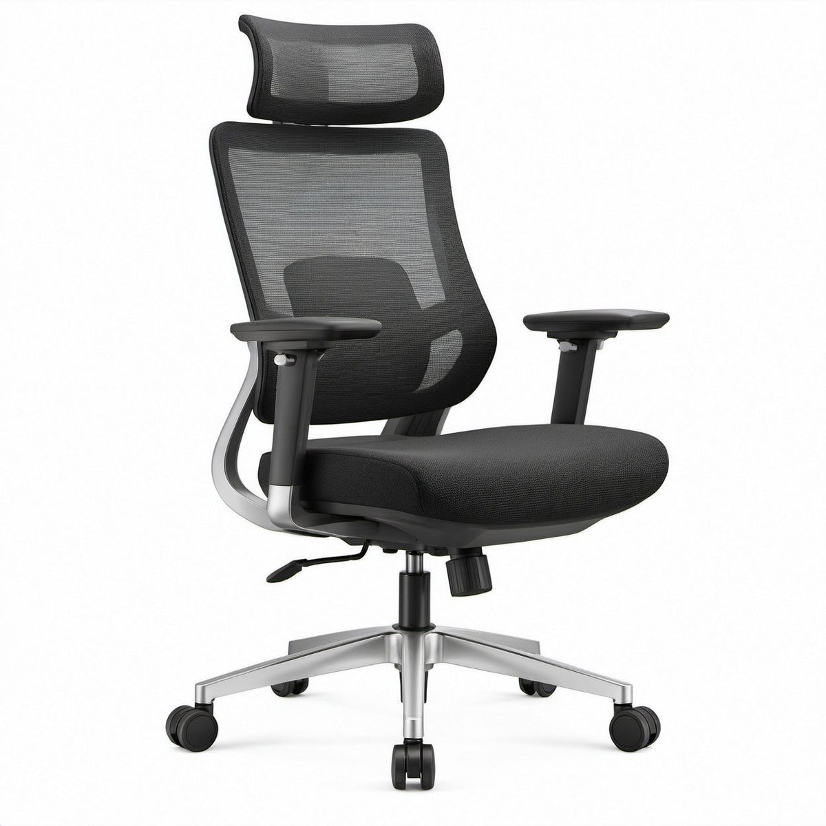 Ergonomischer Bürodrehstuhl Schwarz/Silber mit Netzrücken, 68 x 68 x 116–126 cm