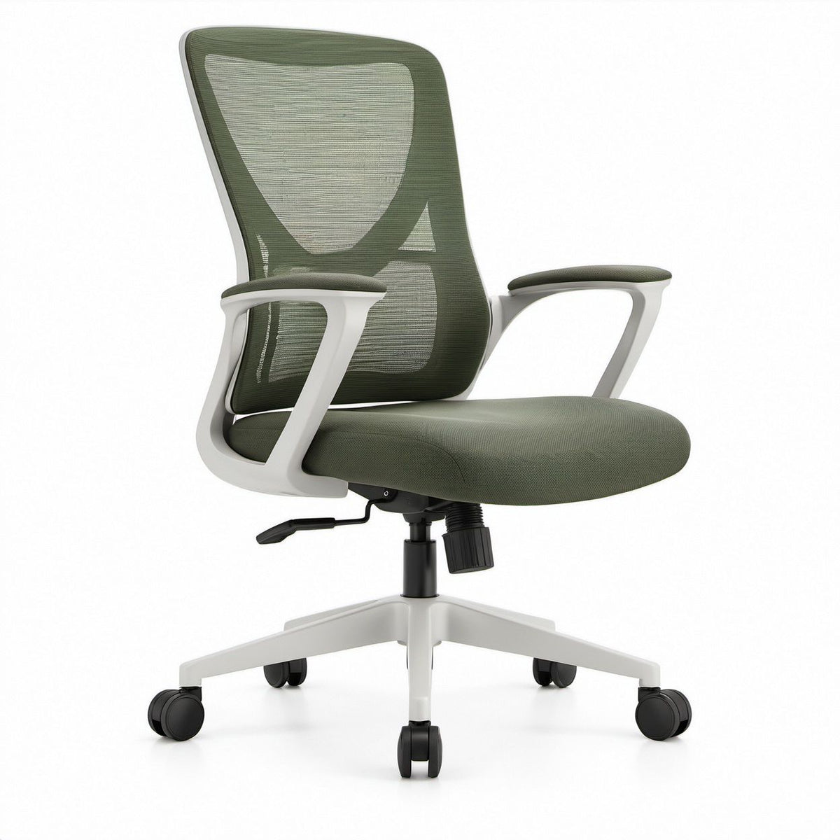 Ergonomischer Bürostuhl mit Netzrücken, Armlehnen und Rollen, 62 x 62 x 112–122 cm, Grün/Weiss/Schwarz