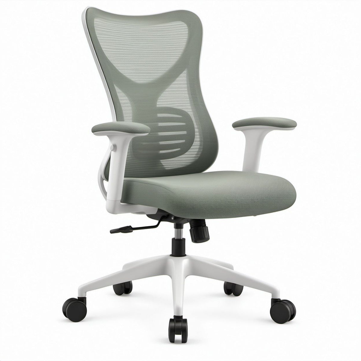 Ergonomischer Drehstuhl mit Netzrückenlehne, Hellgrün/Weiss/Schwarz, 65 x 65 x 112–122 cm