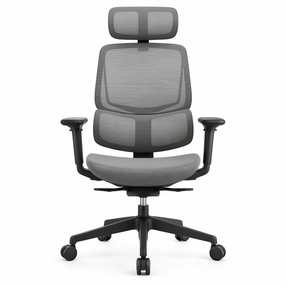 Ergonomischer Bürostuhl Grau/Schwarz mit hoher Netzrückenlehne, Kopfstütze und Armlehnen, 68 x 68 x 118–128 cm