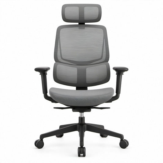Ergonomischer Bürostuhl Grau/Schwarz mit hoher Netzrückenlehne, Kopfstütze und Armlehnen, 68 x 68 x 118–128 cm