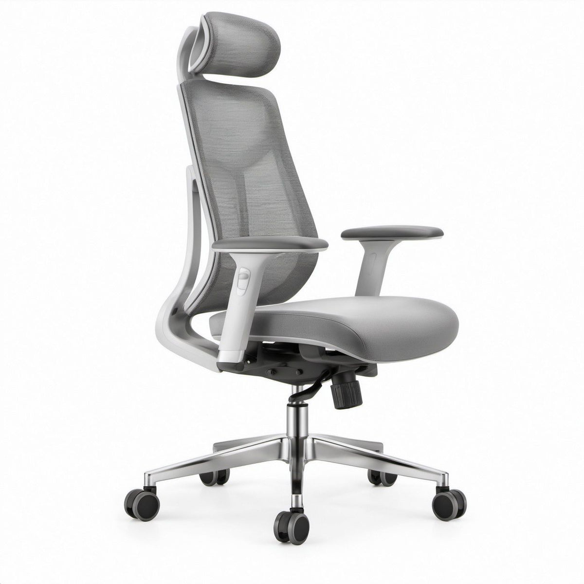 Ergonomischer Drehstuhl mit Kopfstütze, Grau/Silber, 66 x 66 x 118–128 cm