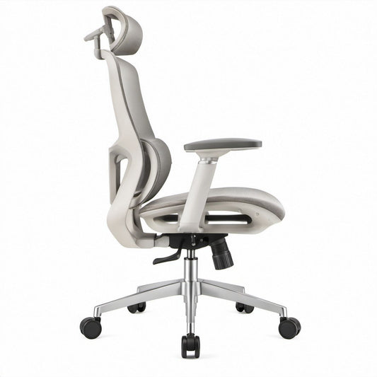 Ergonomischer Bürostuhl mit hoher Rückenlehne, Kopfstütze und Armlehnen, Grau/Weiss/Schwarz, 66 x 66 x 119–129 cm