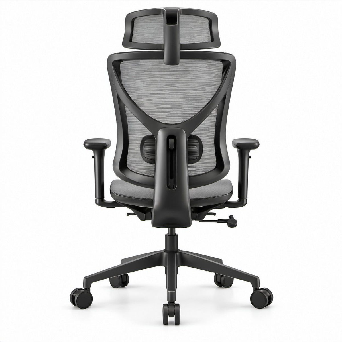 Ergonomischer Drehstuhl mit Netzrückenlehne, Kopfstütze und Lendenstütze, Schwarz/Grau, 65 x 65 x 118–128 cm