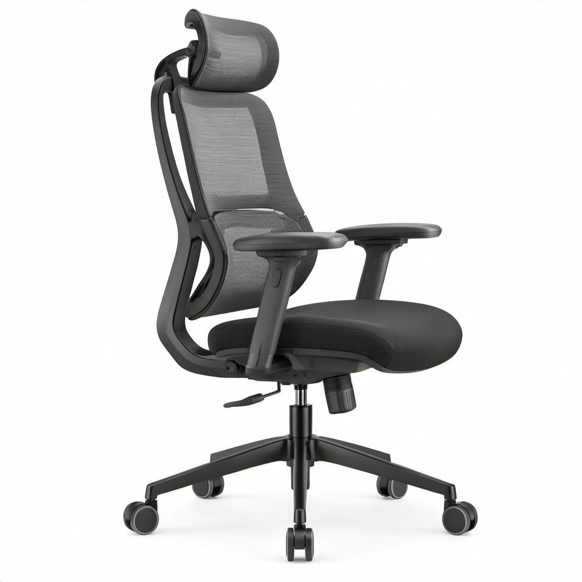 Ergonomischer Bürostuhl Schwarz mit Netzrückenlehne, Kopfstütze und Armlehnen, 65 x 67 x 117–127 cm