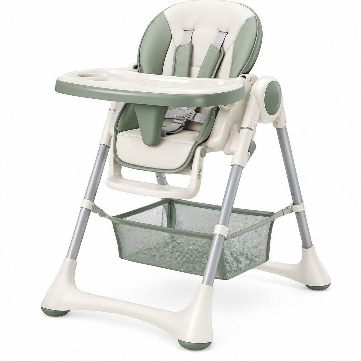 Höhenverstellbarer klappbarer Kinderhochstuhl mit Tablett, Grün/Beige/Grau, 75 x 60 x 105 cm