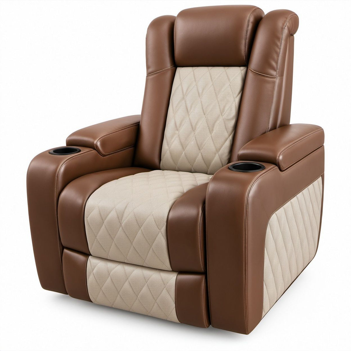 Relaxsessel aus Kunstleder und Polyester in Braun/Beige mit Getränkehaltern, 90 x 95 x 105 cm
